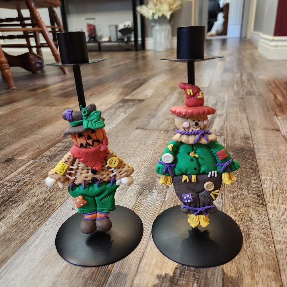 Vintage Halloween Scarecrow Pumpkin Clay Taper Candle Holders Set of 2 Fall